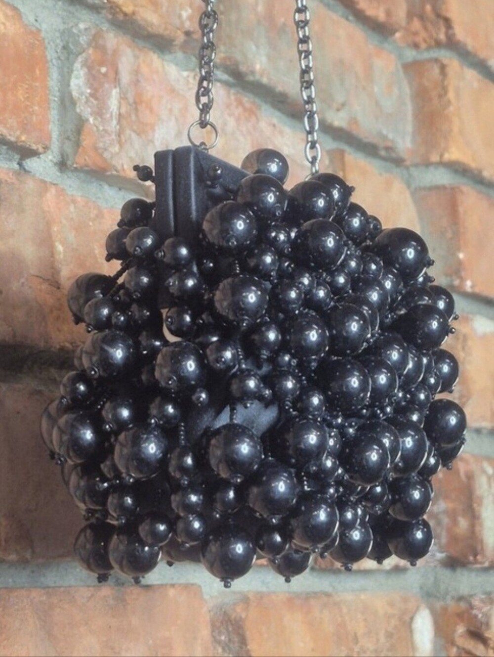 Sondra Roberts Black Beaded Clutch Minaudiere Evening Bag Chain Purse Cocktail